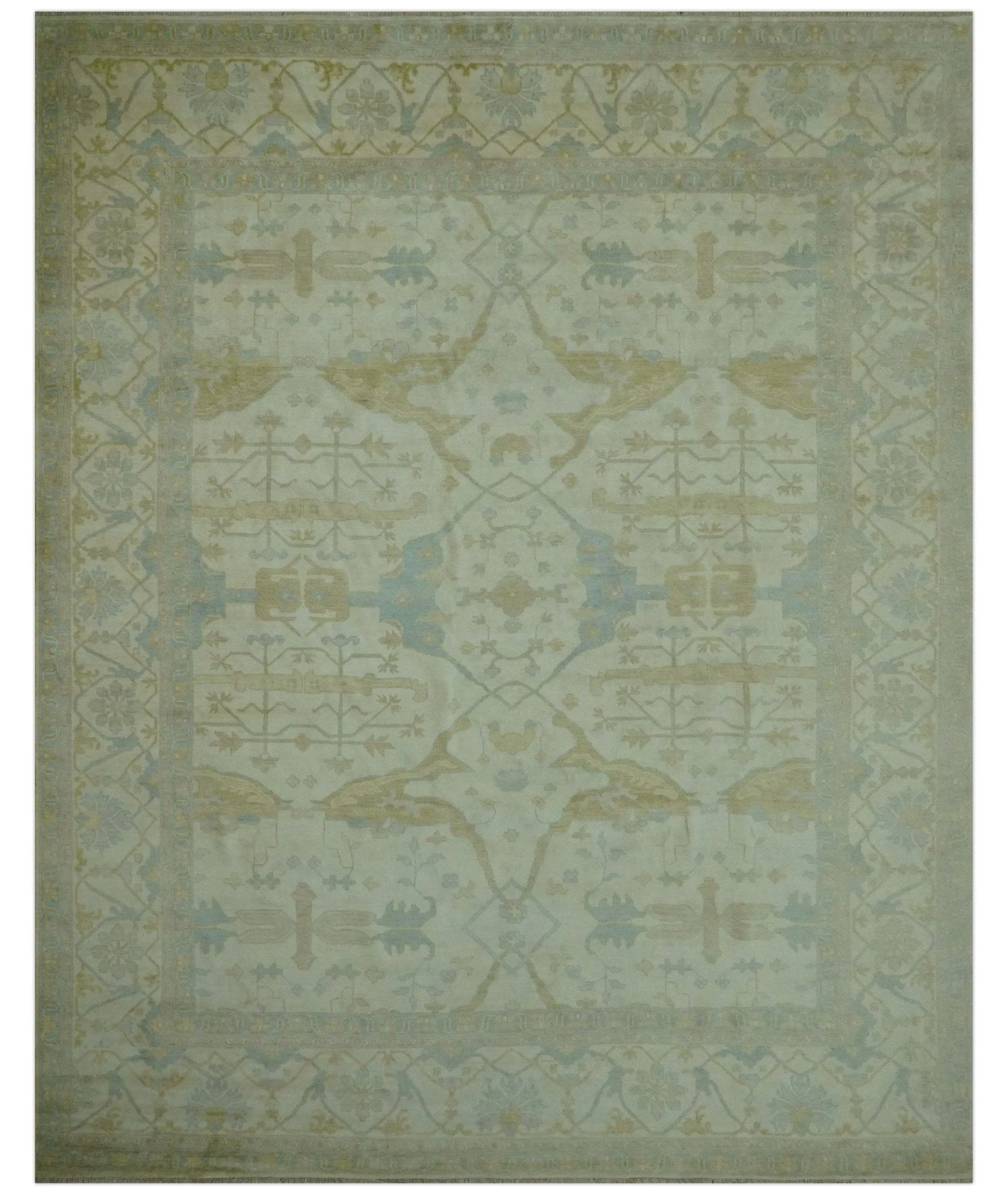 Traditional Turkish Oushak Design Beige And Blue Hand Knotted 12.4x15 Wool Area Rug - Image 10