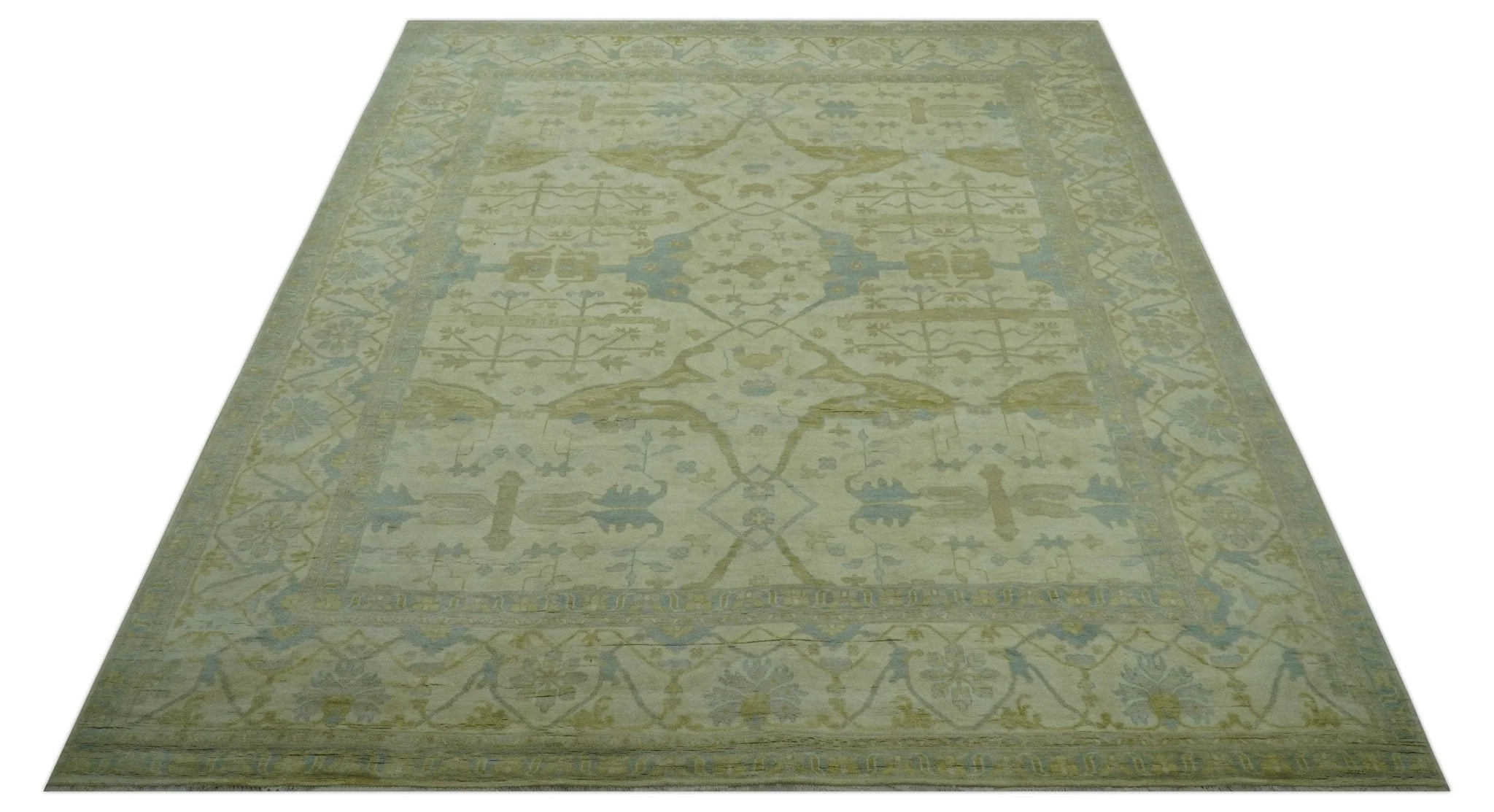 Traditional Turkish Oushak Design Beige And Blue Hand Knotted 12.4x15 Wool Area Rug - Image 11