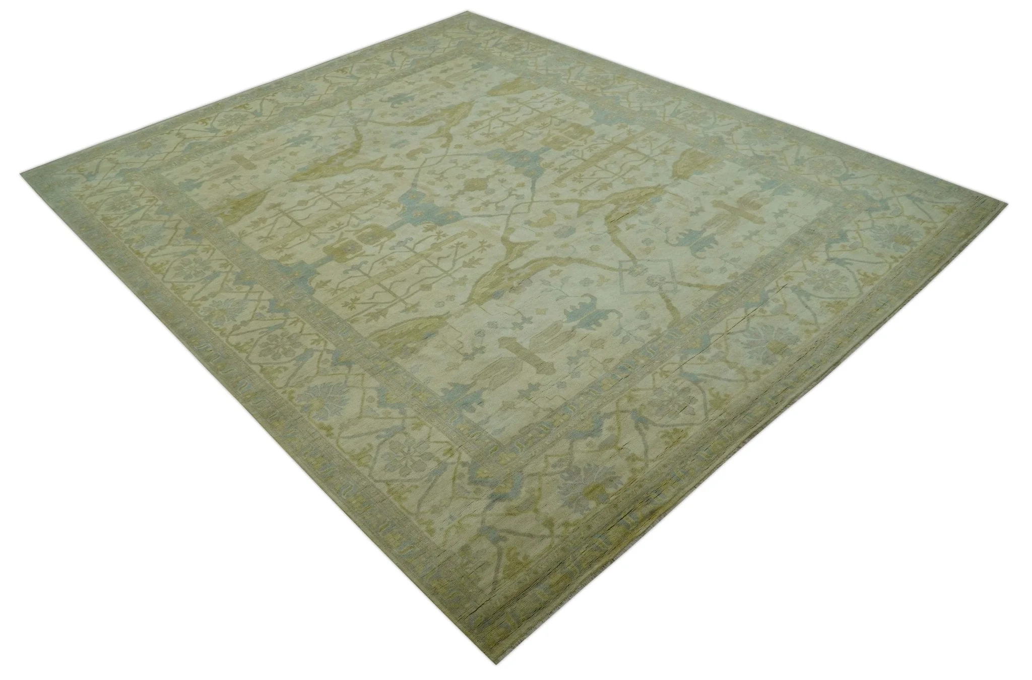 Traditional Turkish Oushak Design Beige And Blue Hand Knotted 12.4x15 Wool Area Rug - Image 12