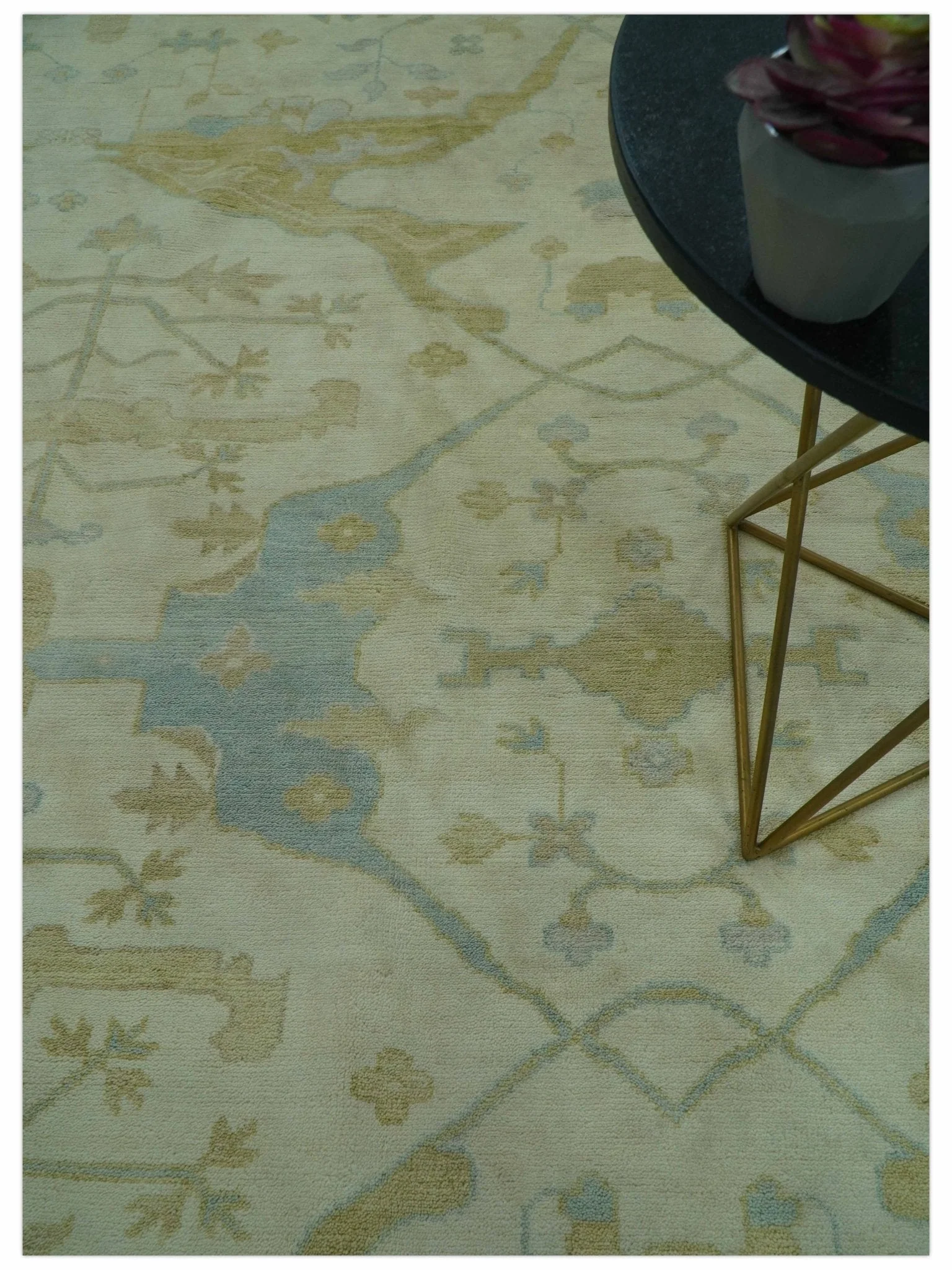 Traditional Turkish Oushak Design Beige And Blue Hand Knotted 12.4x15 Wool Area Rug - Image 3
