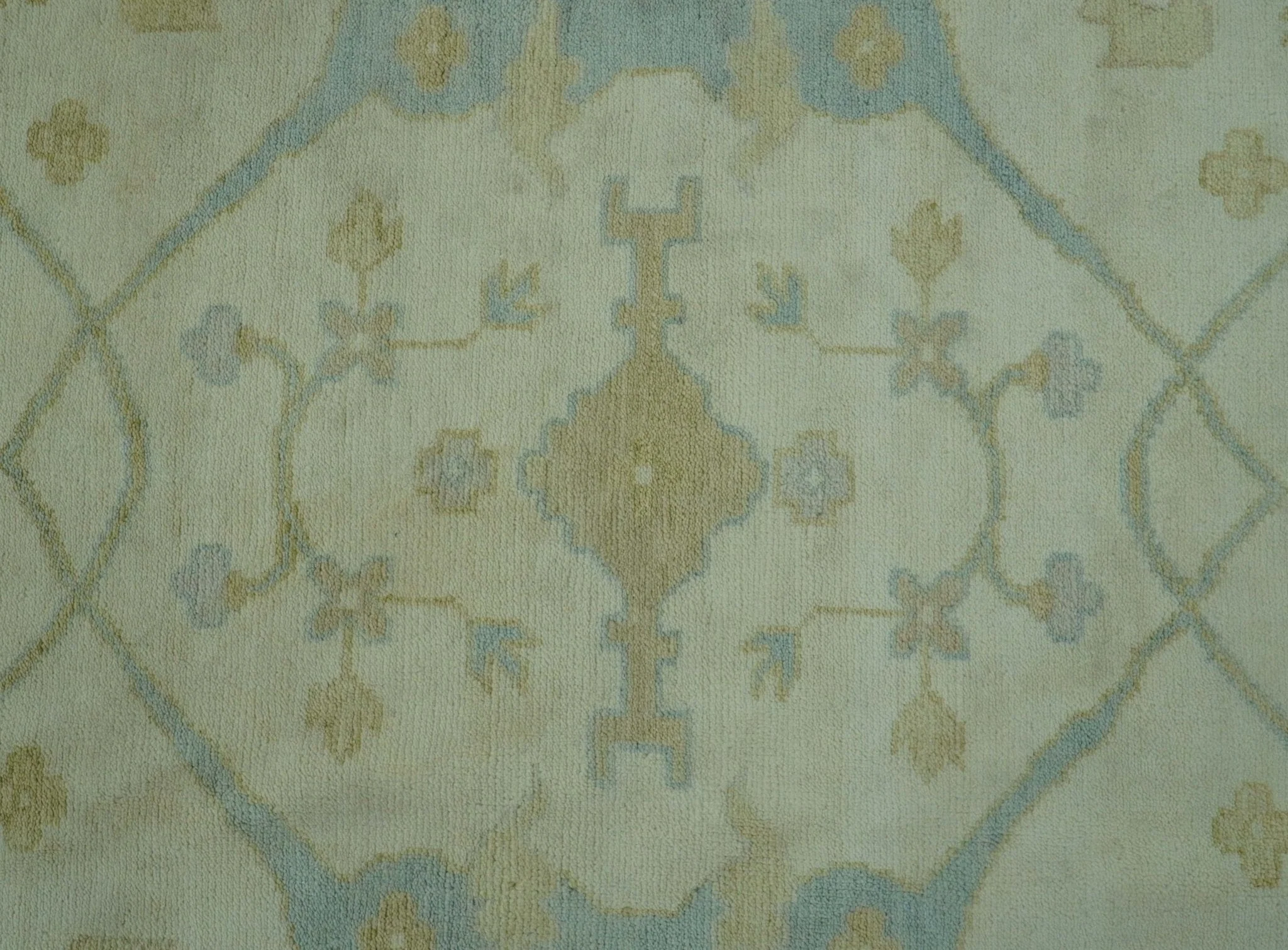 Traditional Turkish Oushak Design Beige And Blue Hand Knotted 12.4x15 Wool Area Rug - Image 4