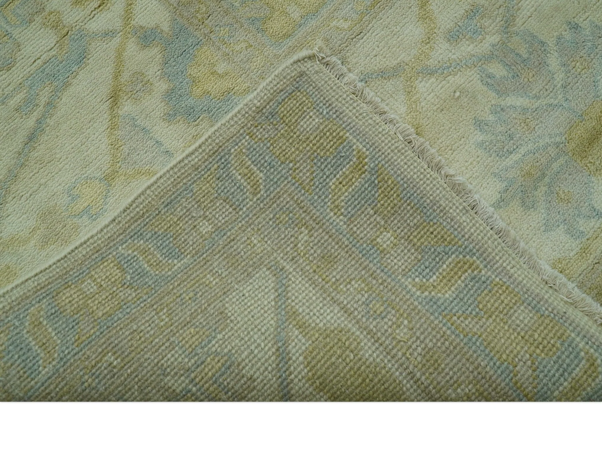 Traditional Turkish Oushak Design Beige And Blue Hand Knotted 12.4x15 Wool Area Rug - Image 6