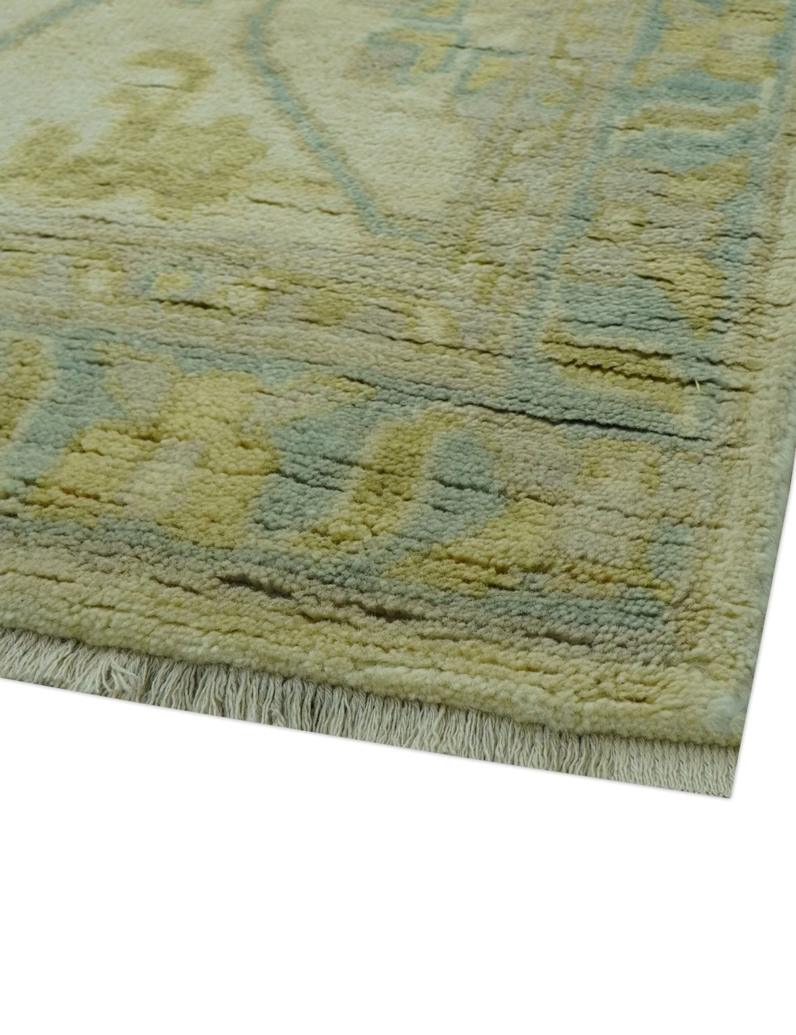 Traditional Turkish Oushak Design Beige And Blue Hand Knotted 12.4x15 Wool Area Rug - Image 8