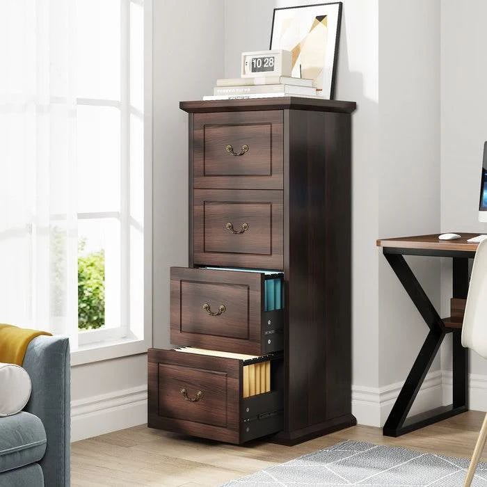 Traditional Vertical File Cabinet in Walnut Wood Finish with 4 Storage Drawers - Image 3