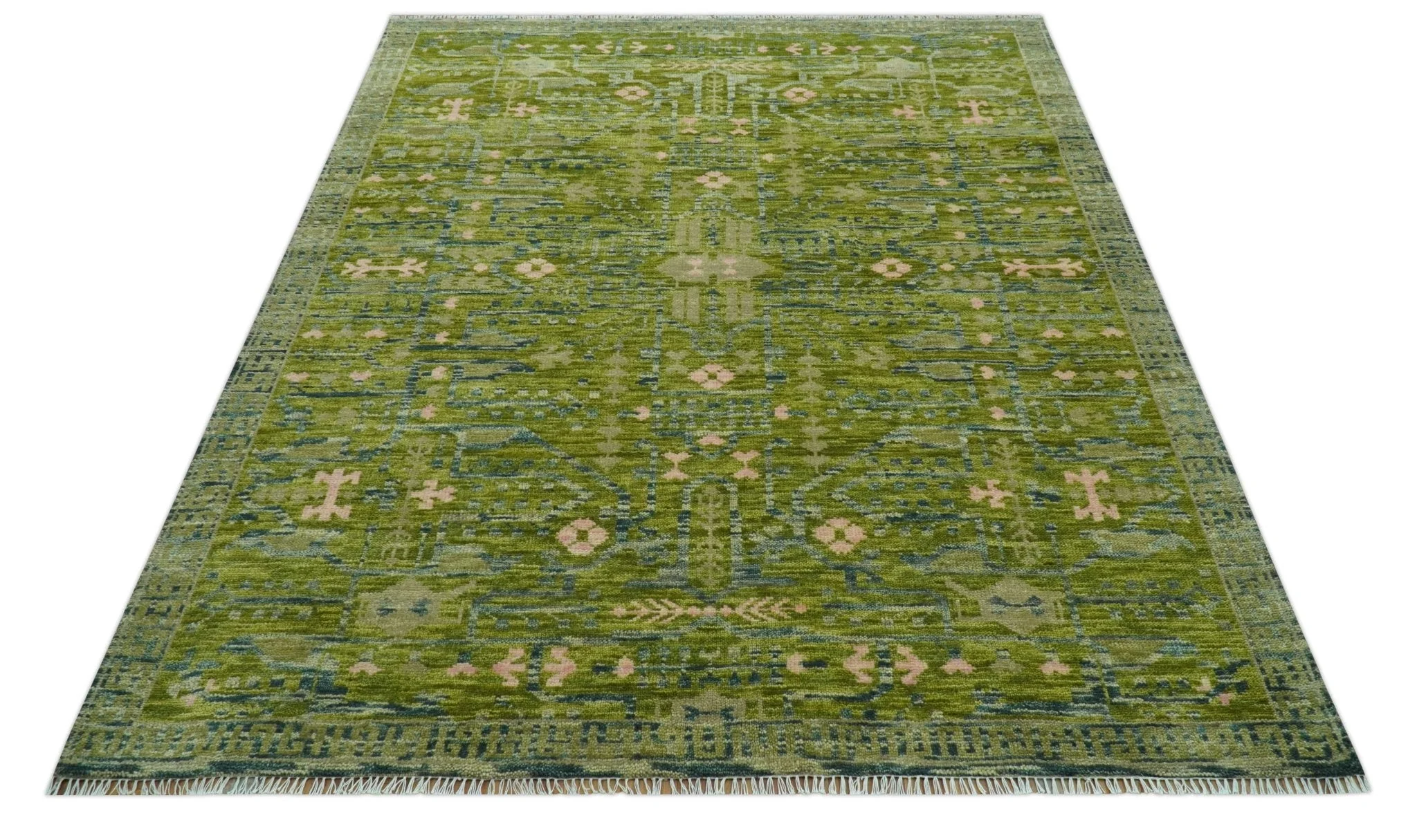 Transitional Design Green And Blue Hand Knotted Custom Made Wool Rug - Image 12