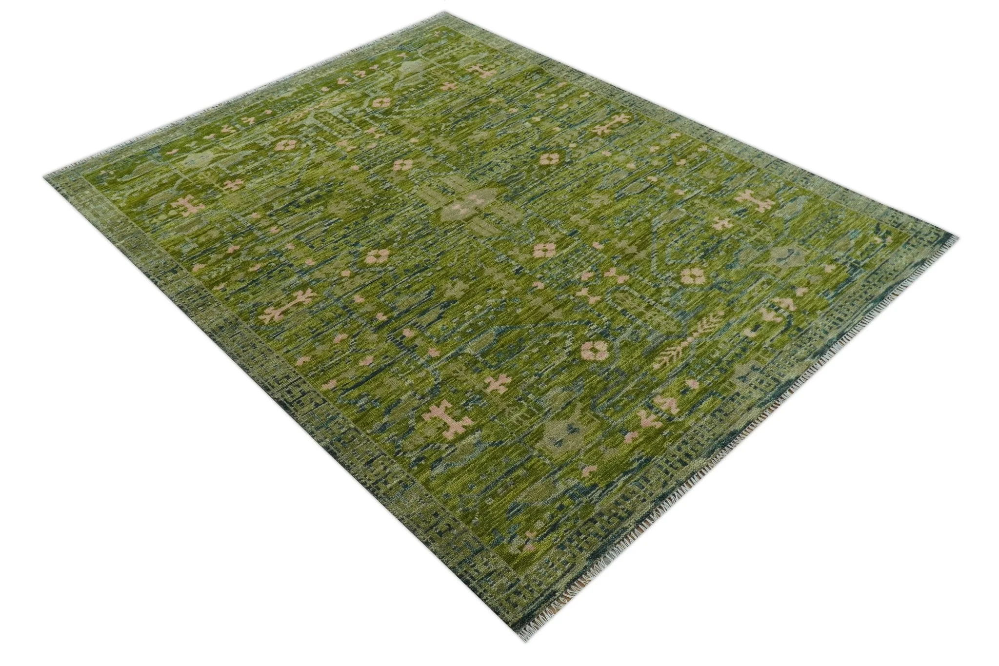 Transitional Design Green And Blue Hand Knotted Custom Made Wool Rug - Image 13