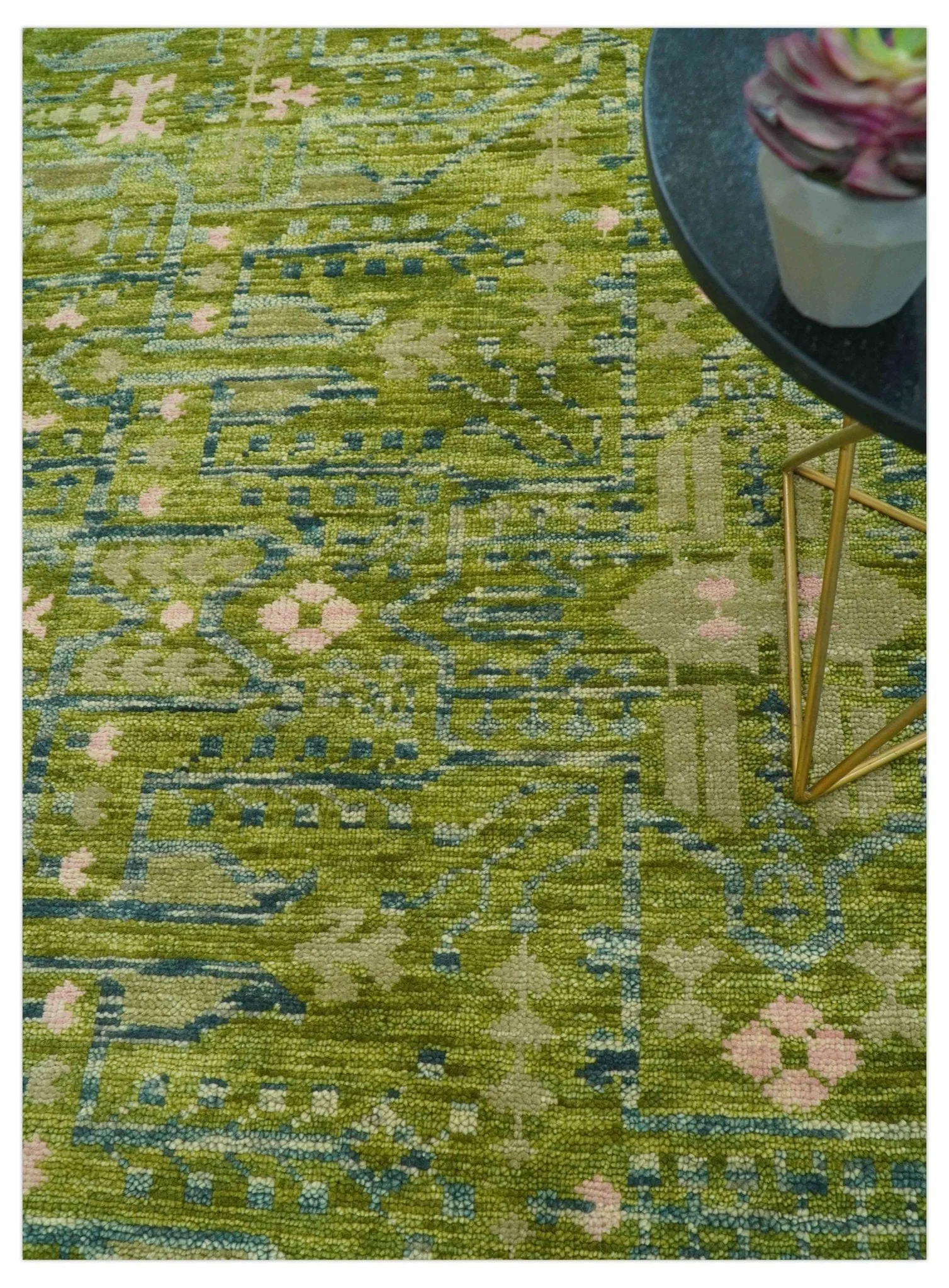 Transitional Design Green And Blue Hand Knotted Custom Made Wool Rug - Image 3