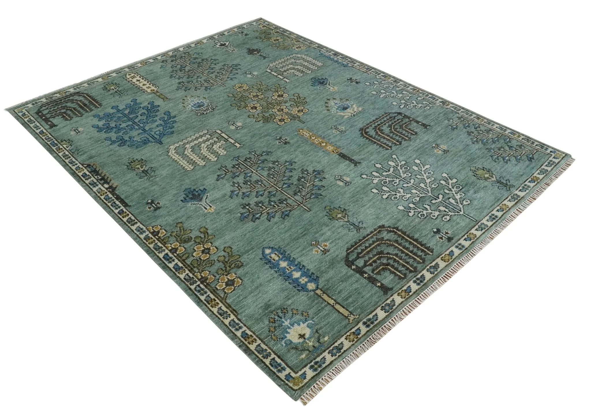 Tree of Life Green Traditional Hand Knotted Turkish Design 8x10 Wool Area Rug - Image 2