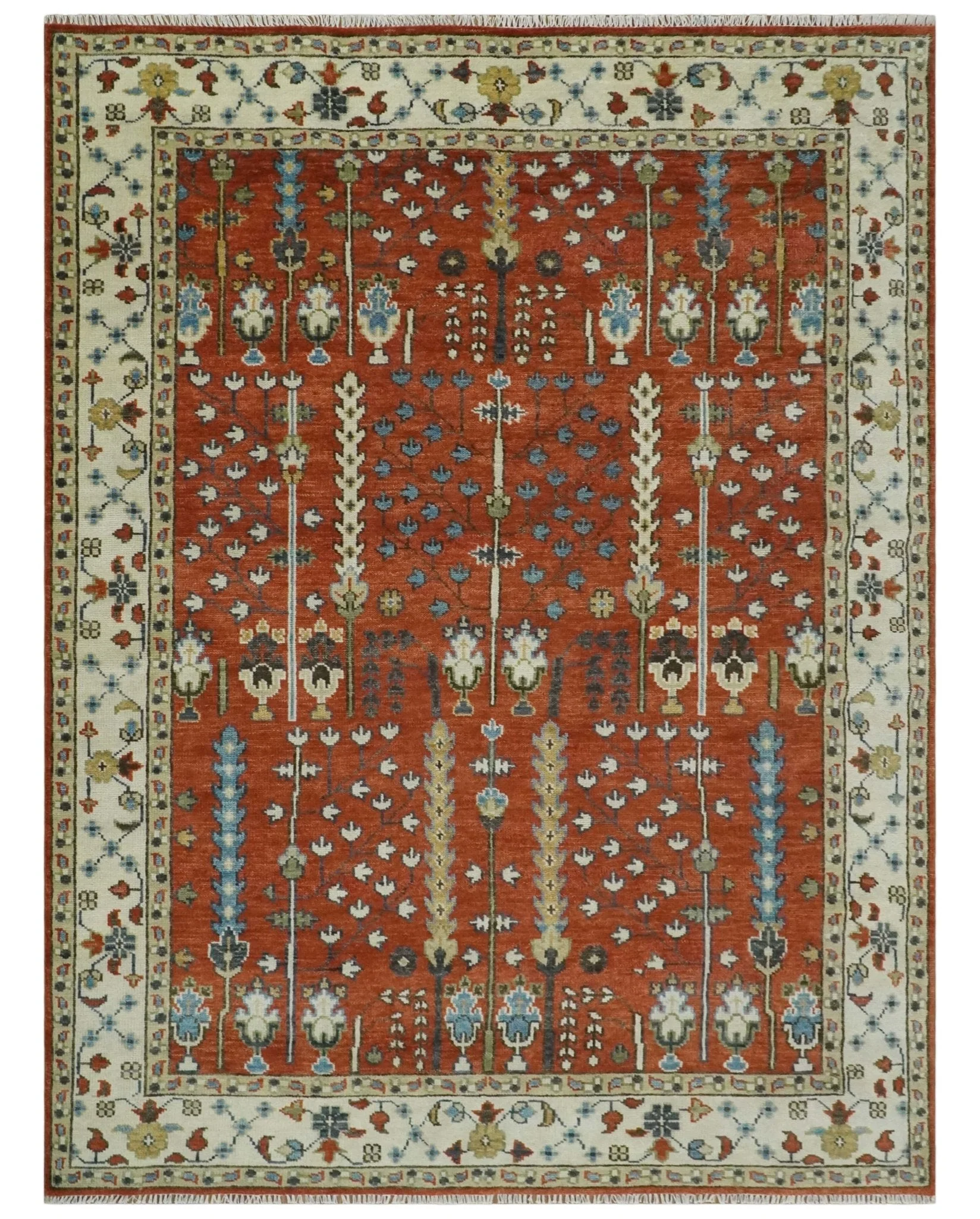 Tree Rug Hand Knotted Rust and Ivory 9x12 Traditional Turkish Design Wool Area Rug