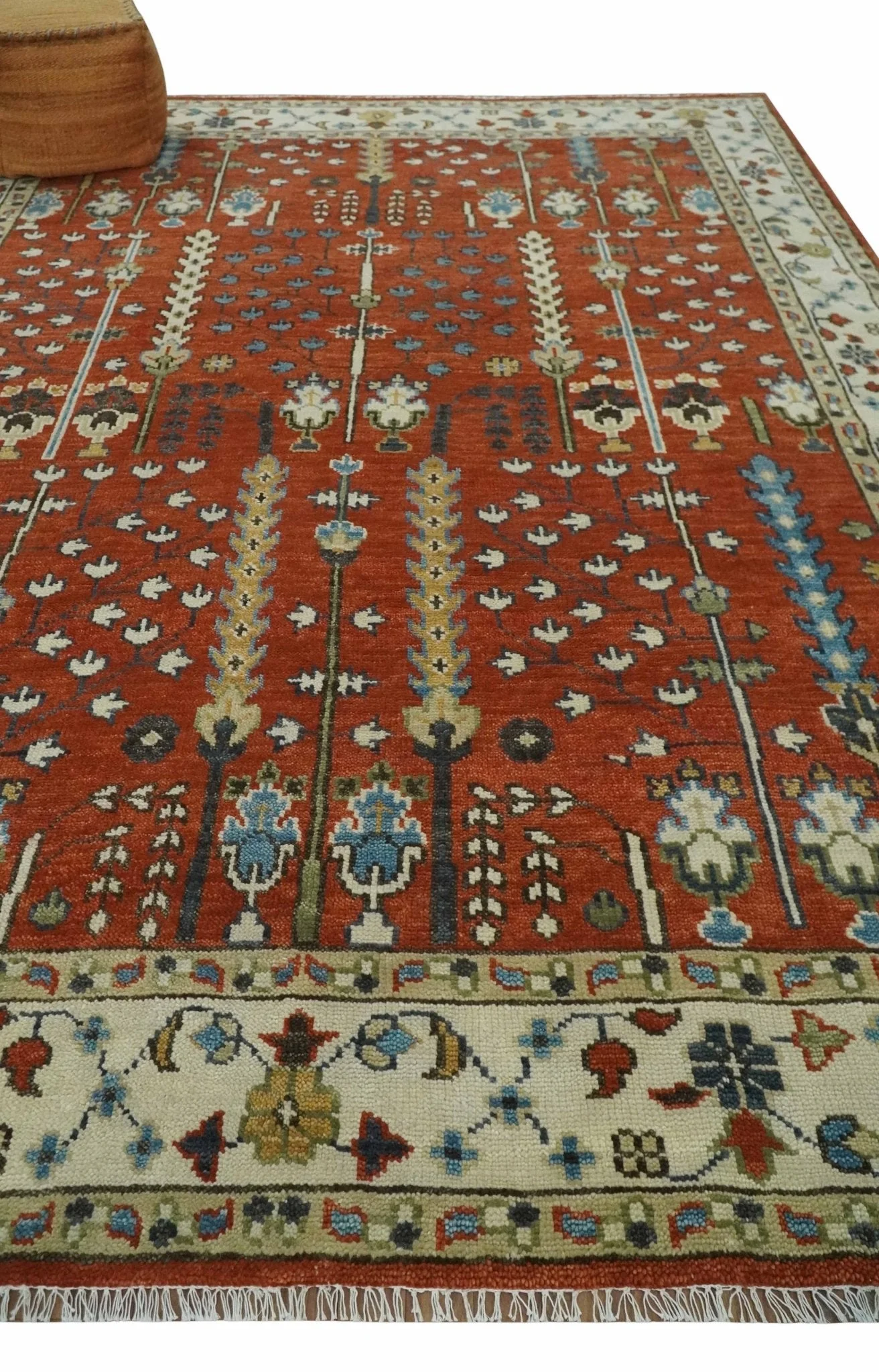 Tree Rug Hand Knotted Rust and Ivory 9x12 Traditional Turkish Design Wool Area Rug - Image 3