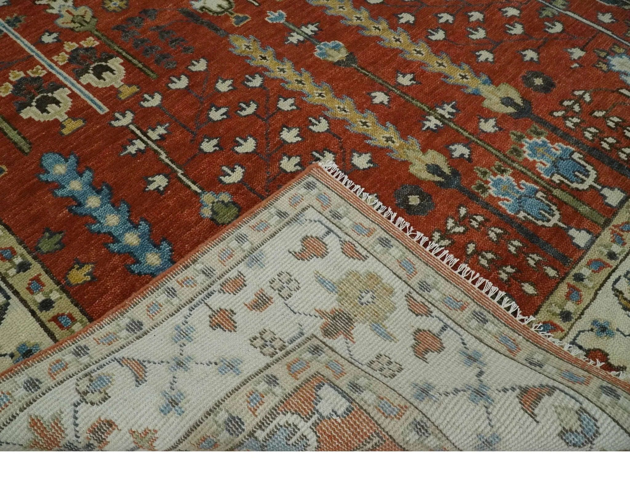 Tree Rug Hand Knotted Rust and Ivory 9x12 Traditional Turkish Design Wool Area Rug - Image 7