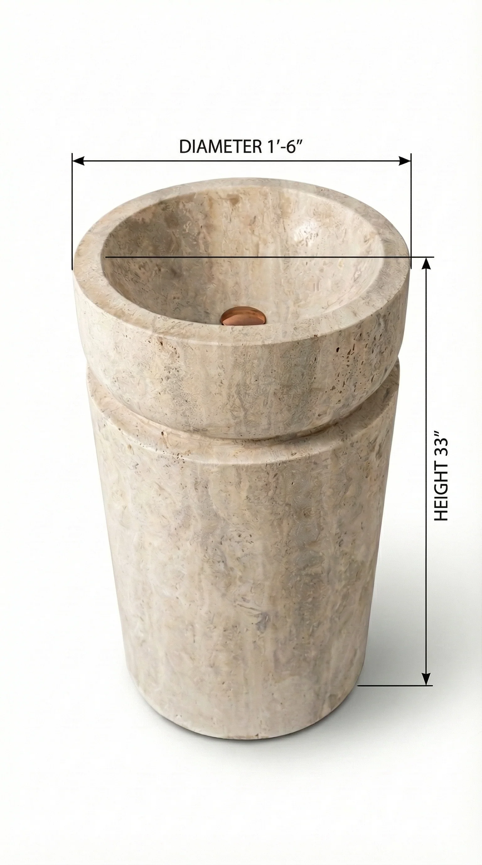 Troia Light Travertine Designer Pedestal Stand-Alone Fluted Sink (W)18" (L)18" (H)33" - Image 3