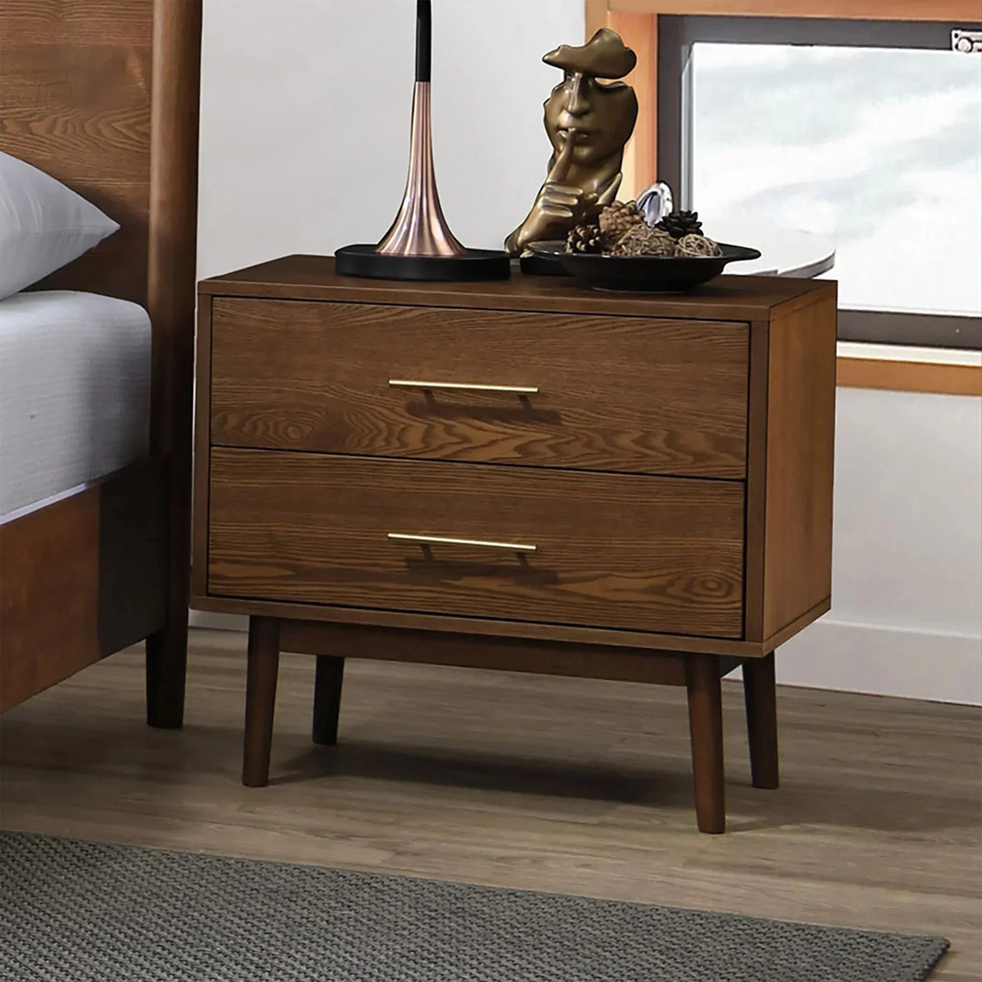 Tromso Mid-Century Modern 23" Walnut Nightstand with 2-Drawer and Round Tapered Legs