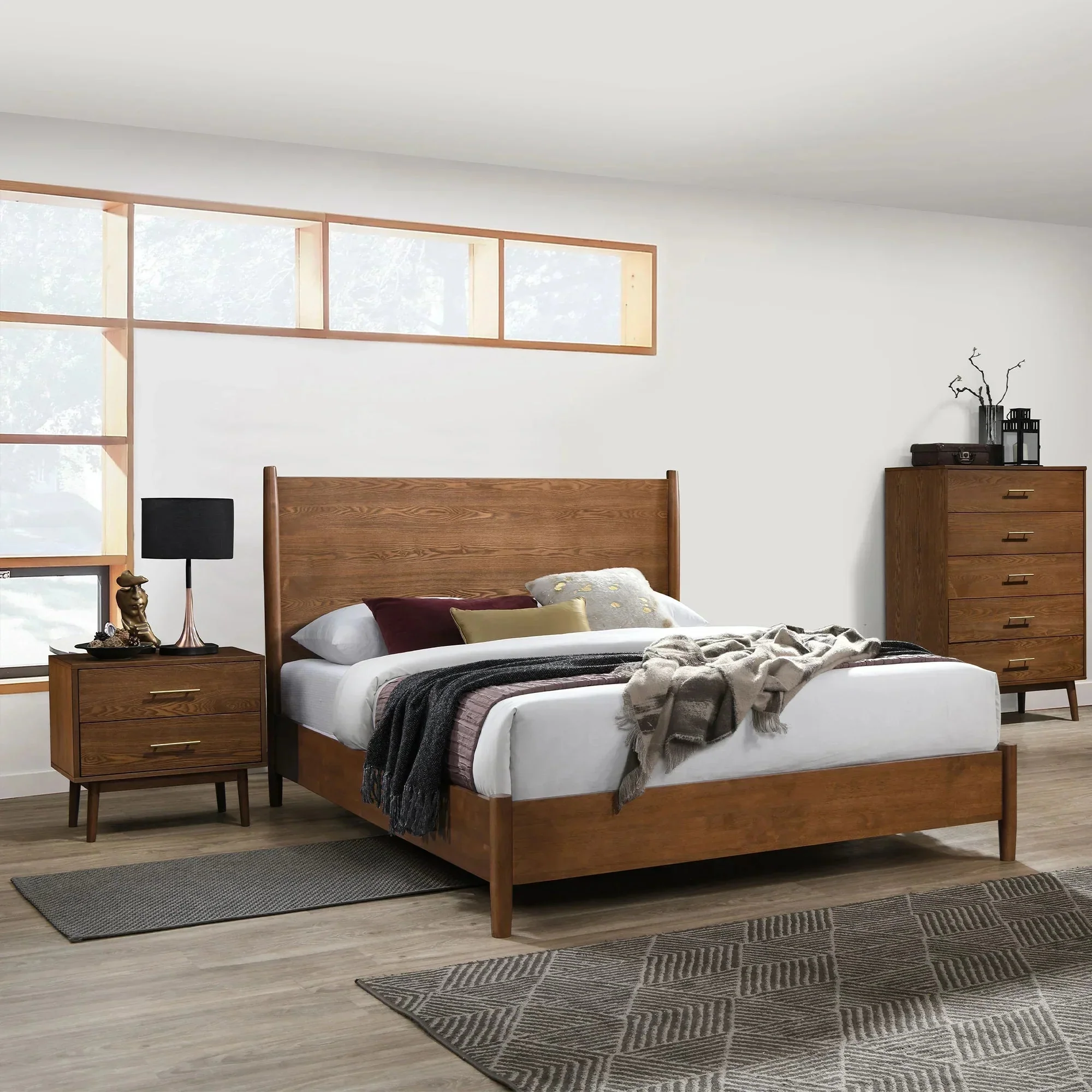 Tromso Mid-Century Modern 23" Walnut Nightstand with 2-Drawer and Round Tapered Legs - Image 4
