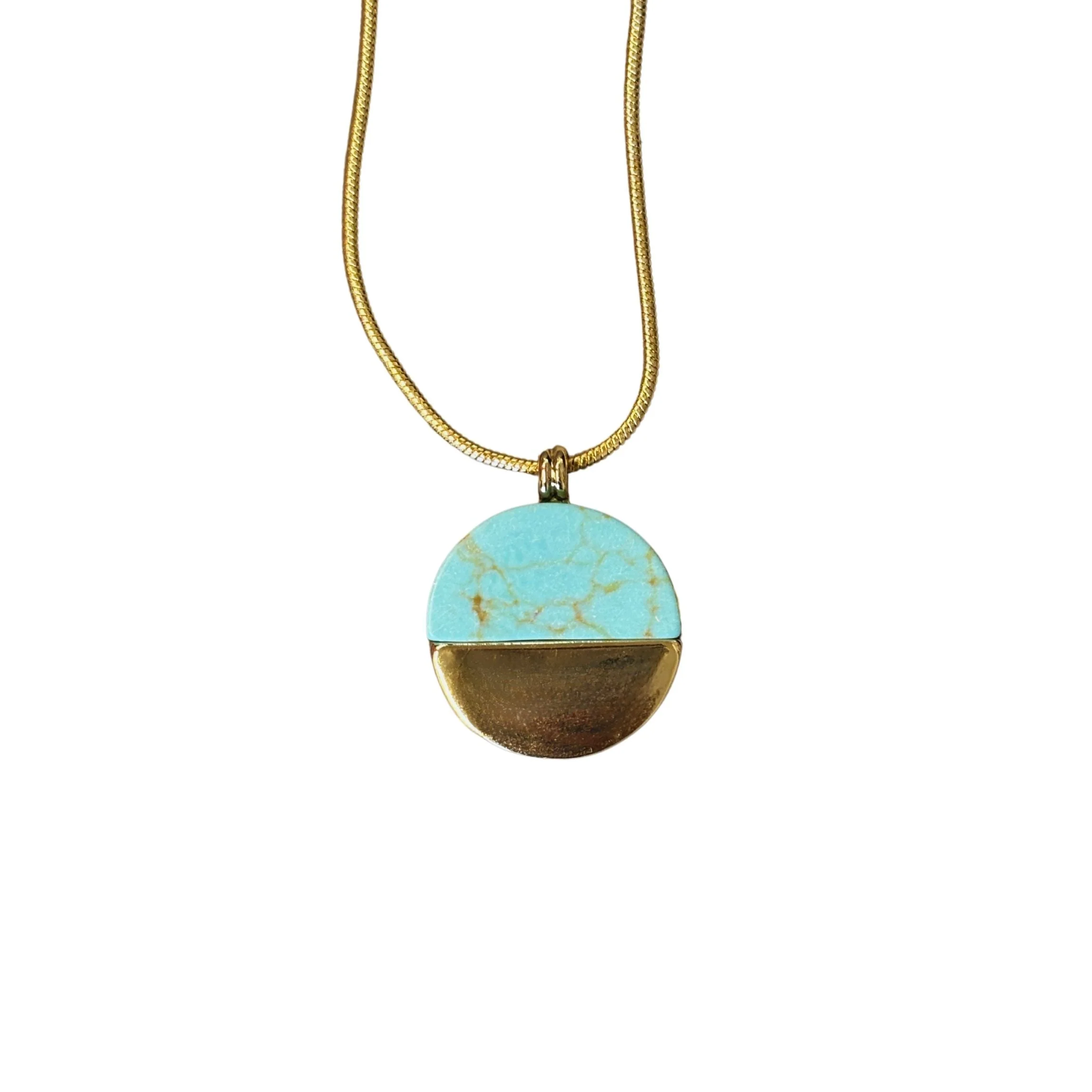 Turquoise Disc Necklace 20" Chain with 1" Stone Pendant | Minimalist Half-Metal Jewelry - Image 2