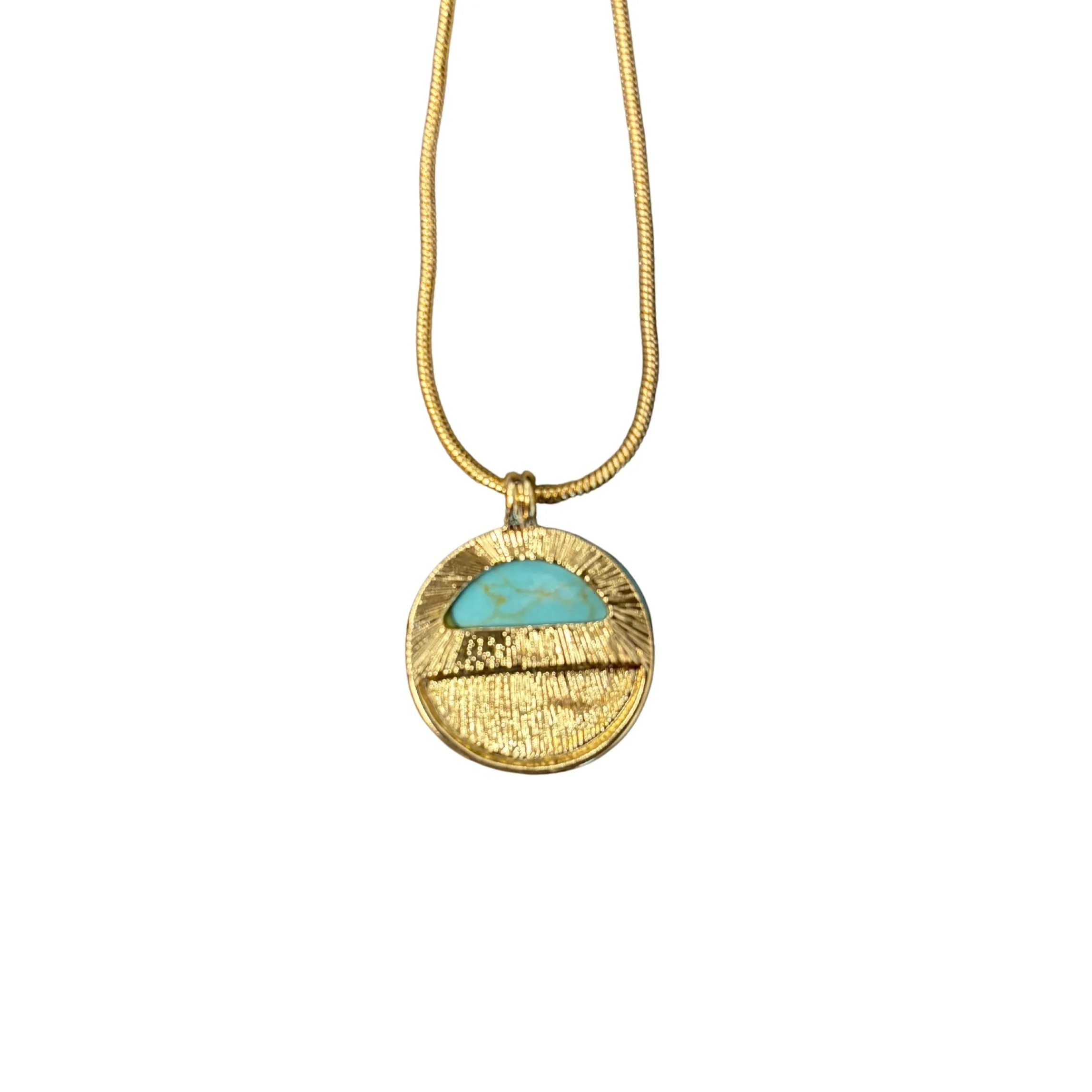 Turquoise Disc Necklace 20" Chain with 1" Stone Pendant | Minimalist Half-Metal Jewelry - Image 3