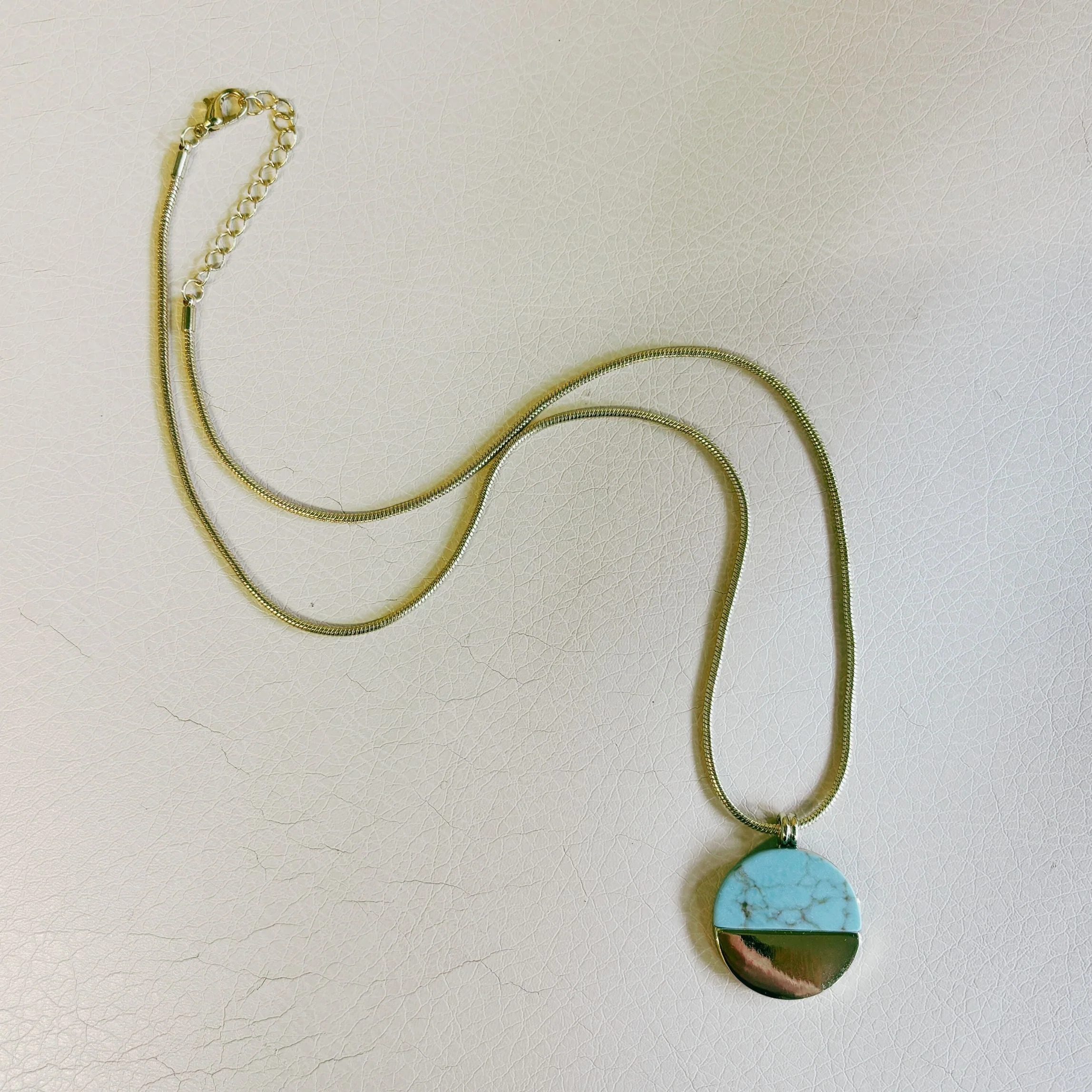 Turquoise Disc Necklace 20" Chain with 1" Stone Pendant | Minimalist Half-Metal Jewelry - Image 4