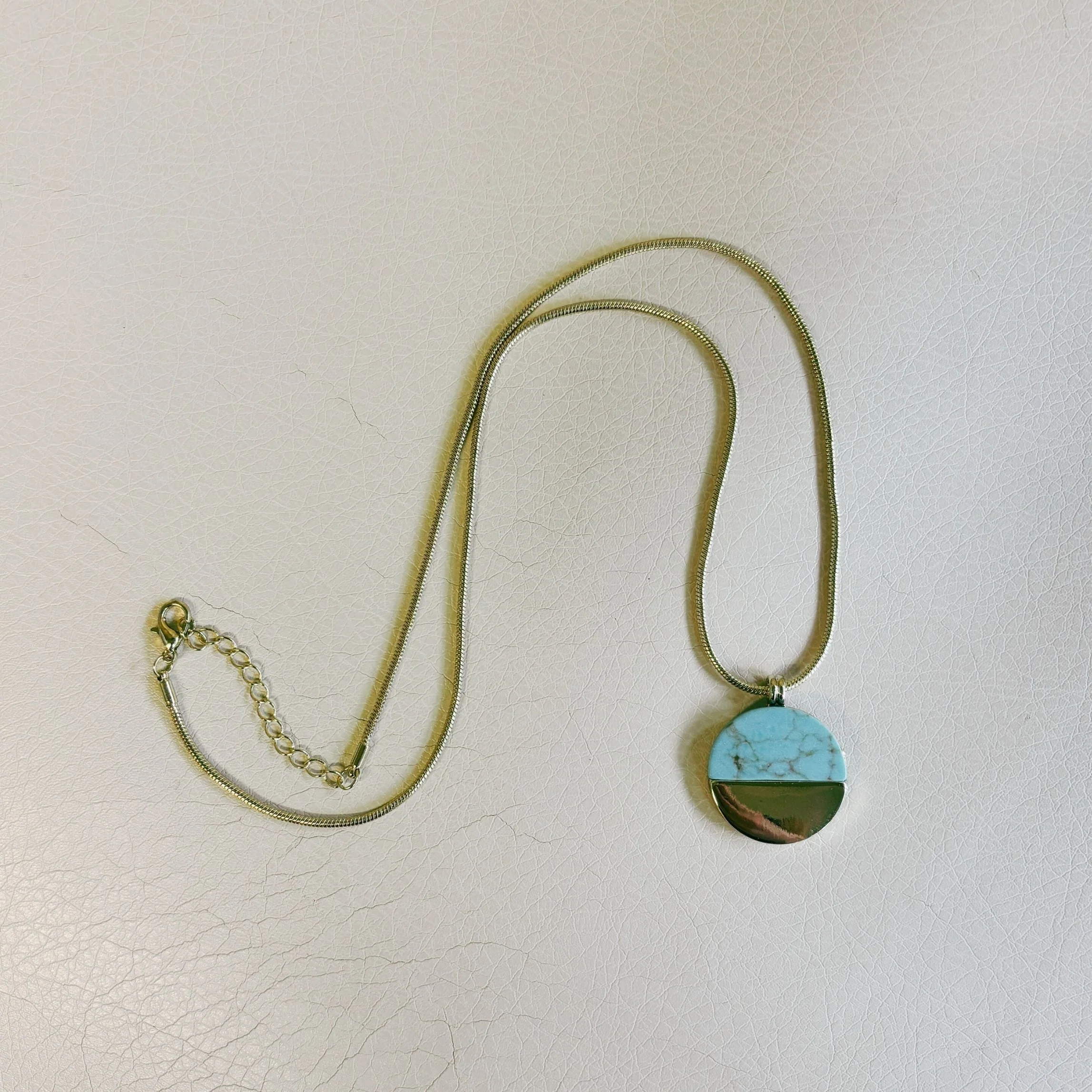 Turquoise Disc Necklace 20" Chain with 1" Stone Pendant | Minimalist Half-Metal Jewelry - Image 5