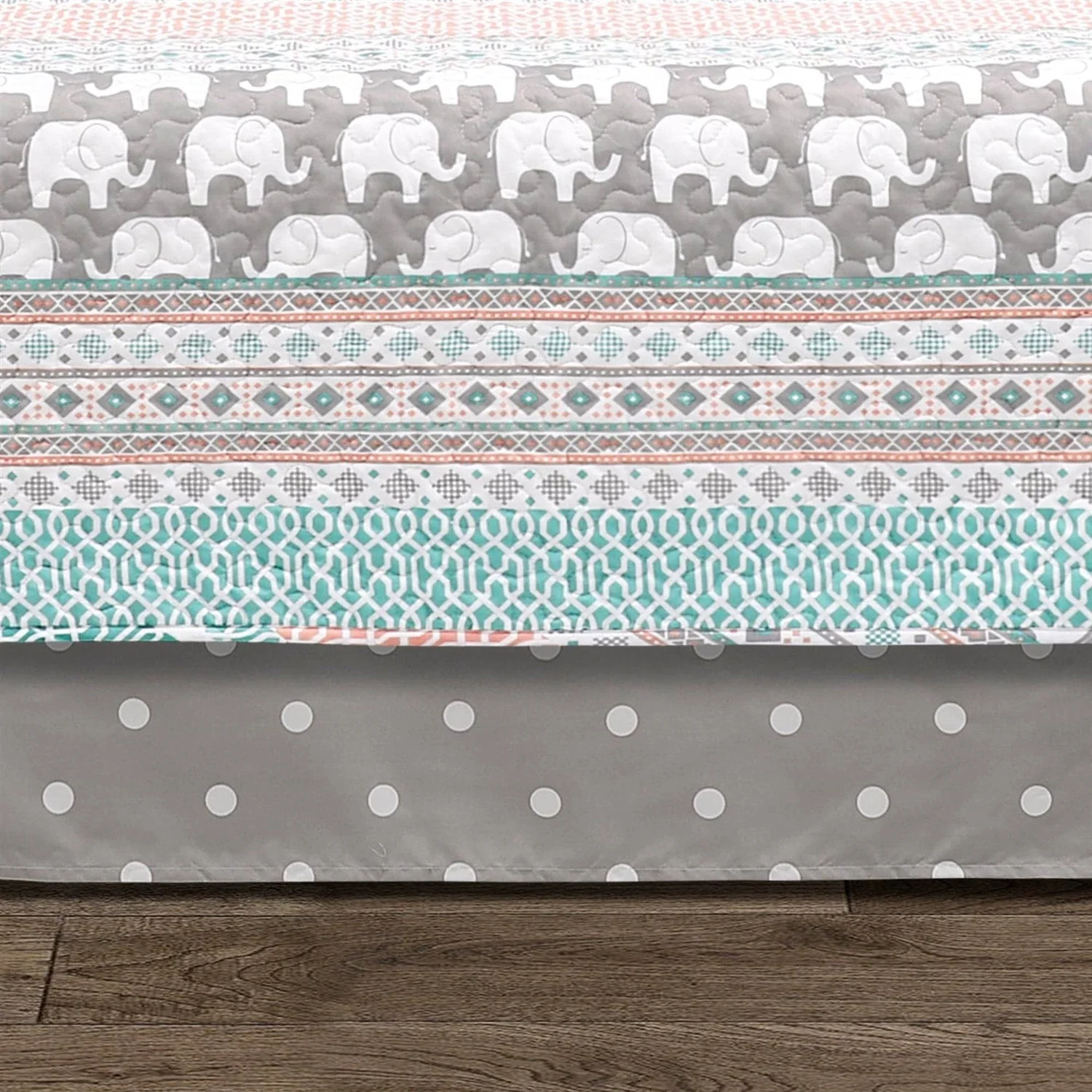 Turquoise Pink Grey Lightweight 6 Piece Elephant Pattern Daybed Cover Quilt Set - Image 2