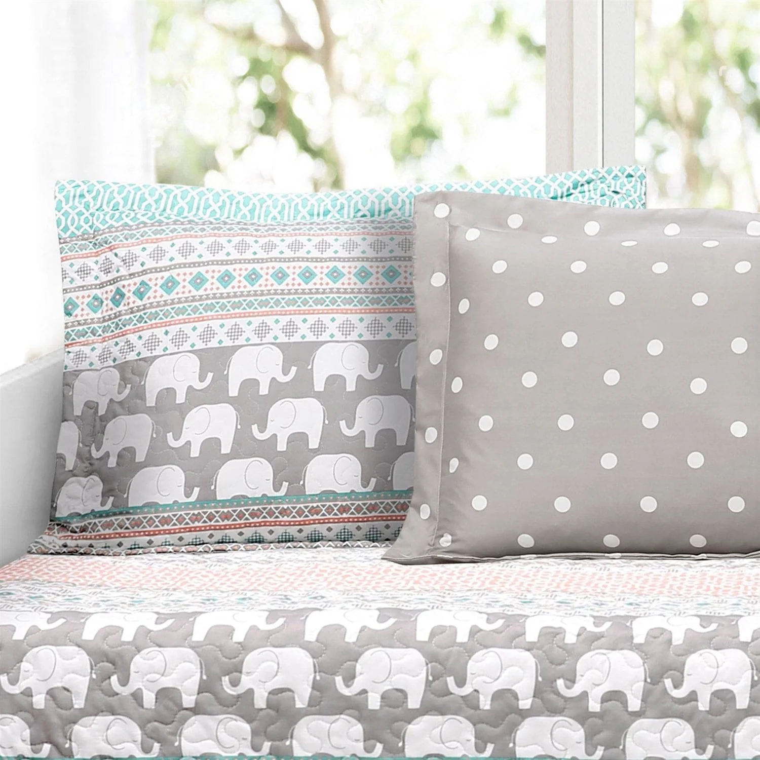 Turquoise Pink Grey Lightweight 6 Piece Elephant Pattern Daybed Cover Quilt Set - Image 3