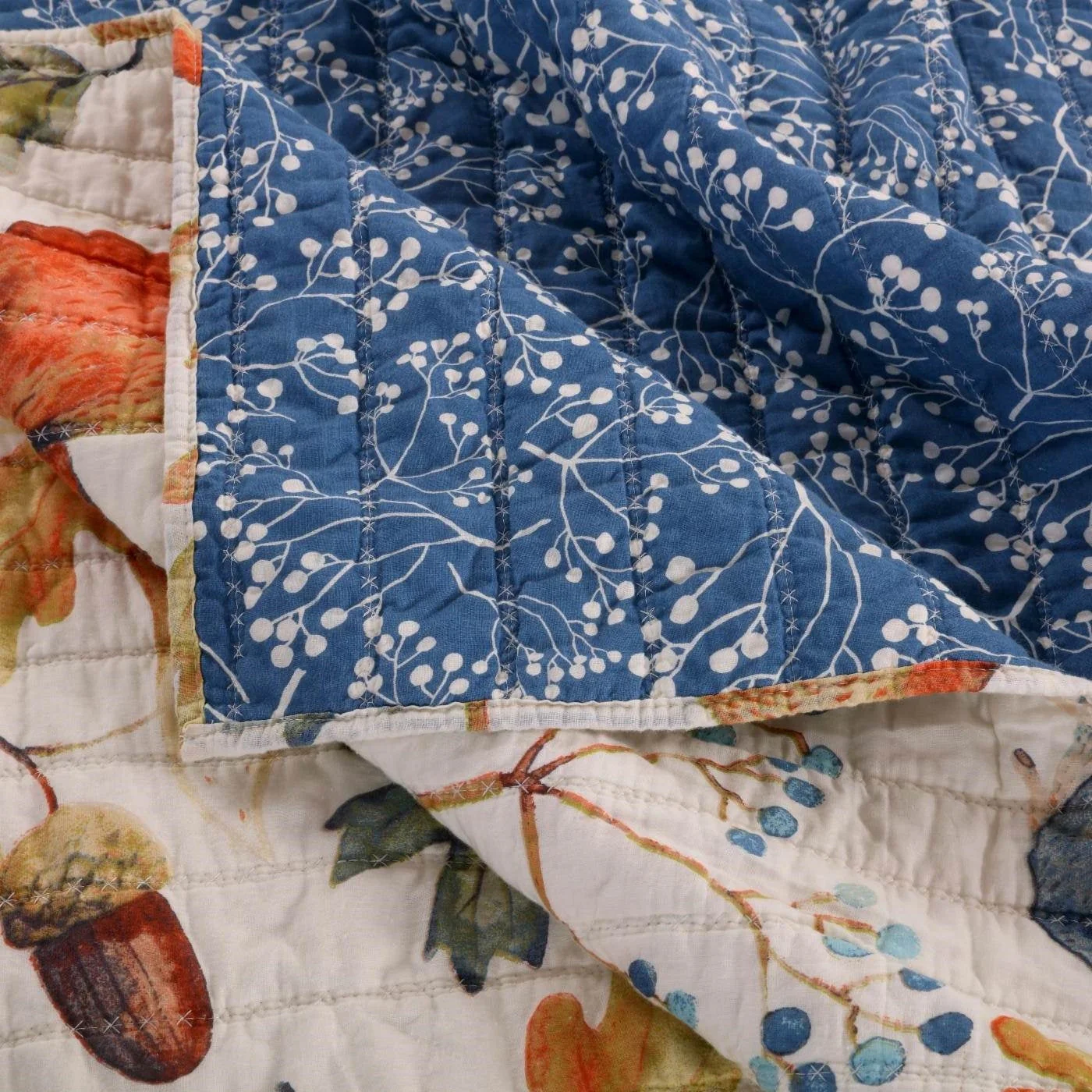Twin 2-Piece Blue Beige Birds Animals Floral Reversible Quilt Set - Image 2