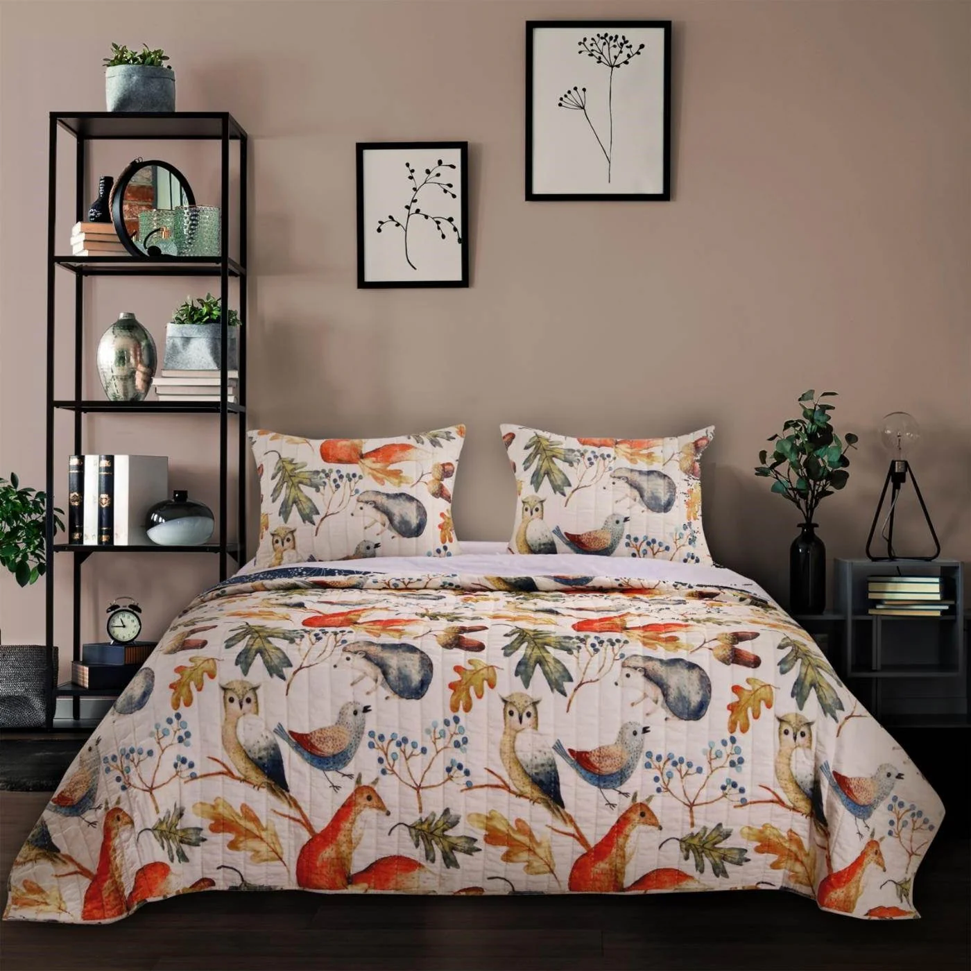 Twin 2-Piece Blue Beige Birds Animals Floral Reversible Quilt Set - Image 3