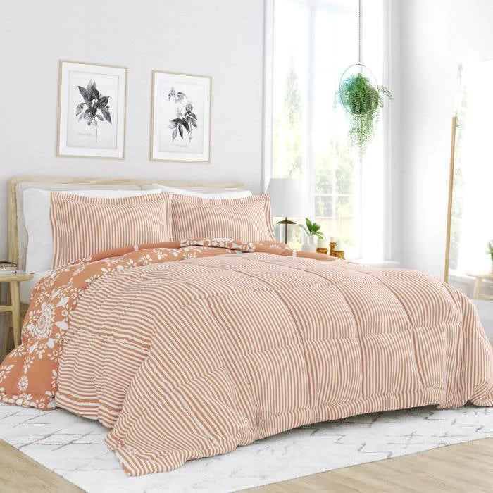 Twin 2 Piece Clay and White Reversible Daisy Medallion Striped Comforter Set - Image 2