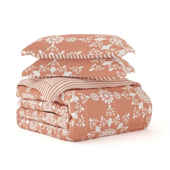 Twin 2 Piece Clay and White Reversible Daisy Medallion Striped Comforter Set - Image 4