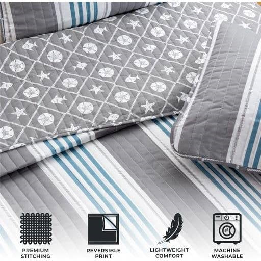 Twin 2 Piece Coastal Starfish Sand Dollar Grey Blue White Nautical Quilt Set - Image 5