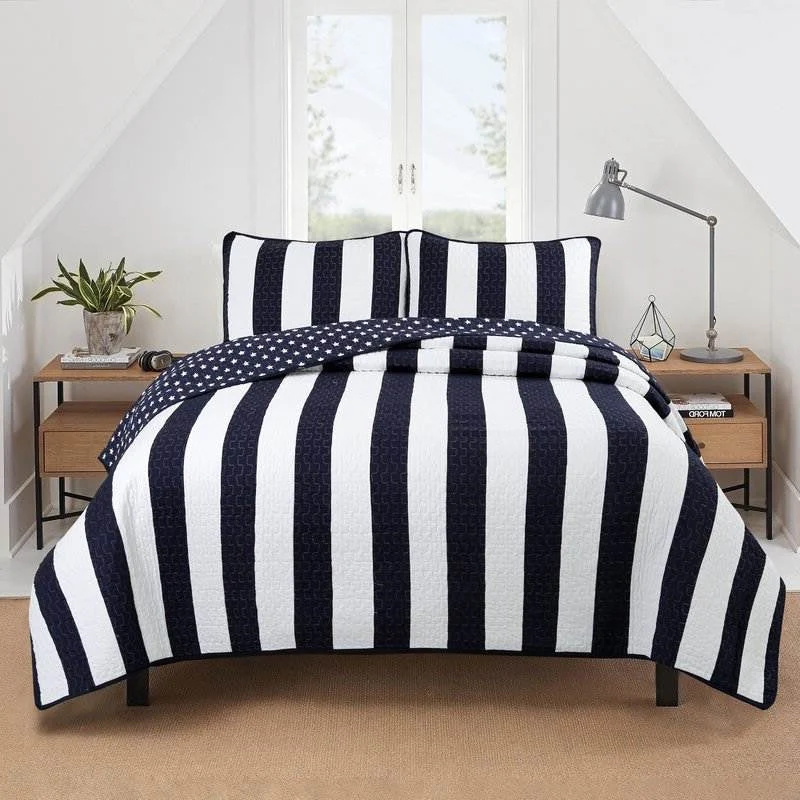 Twin 2 Piece Navy White Stars Stripes 100-Percent Cotton Reversible Quilt Set - Image 2