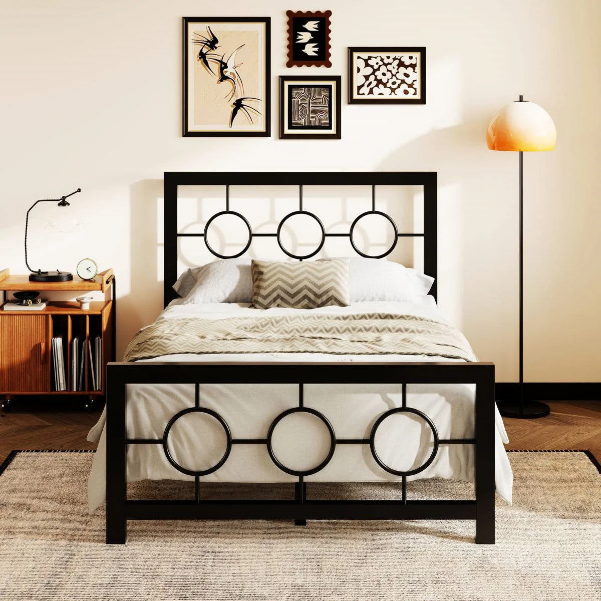 Twin Black Metal Platform Bed Frame with Circle Medallion Headboard Footboard - Image 2