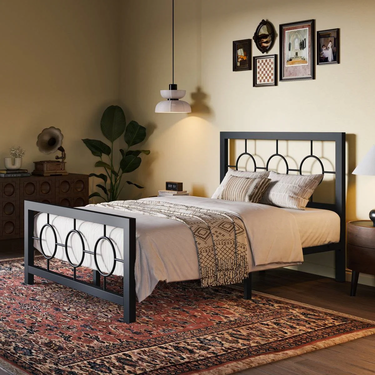 Twin Black Metal Platform Bed Frame with Circle Medallion Headboard Footboard - Image 3