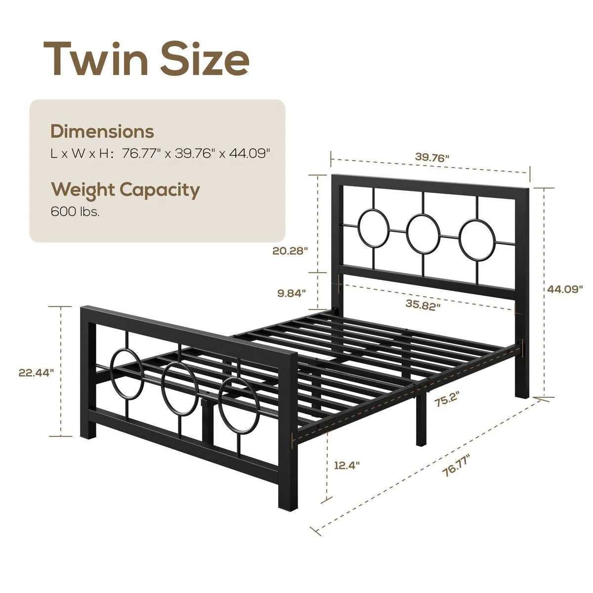 Twin Black Metal Platform Bed Frame with Circle Medallion Headboard Footboard - Image 5