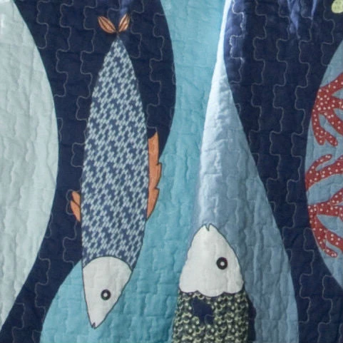 Twin Blue Serenity Sea Fish Coral Coverlet Quilt Bedspread Set - Image 3