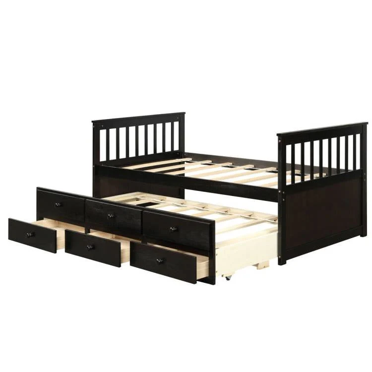 Twin Captains Bed with Pull Out Trundle and 3 Storage Drawers - Dark Brown Mocha - Image 2