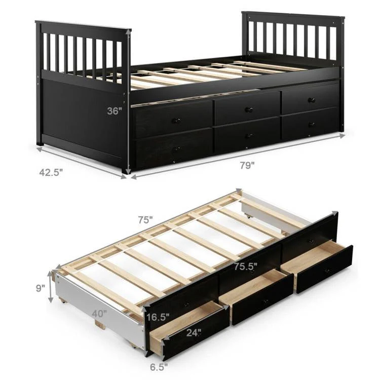 Twin Captains Bed with Pull Out Trundle and 3 Storage Drawers - Dark Brown Mocha - Image 5