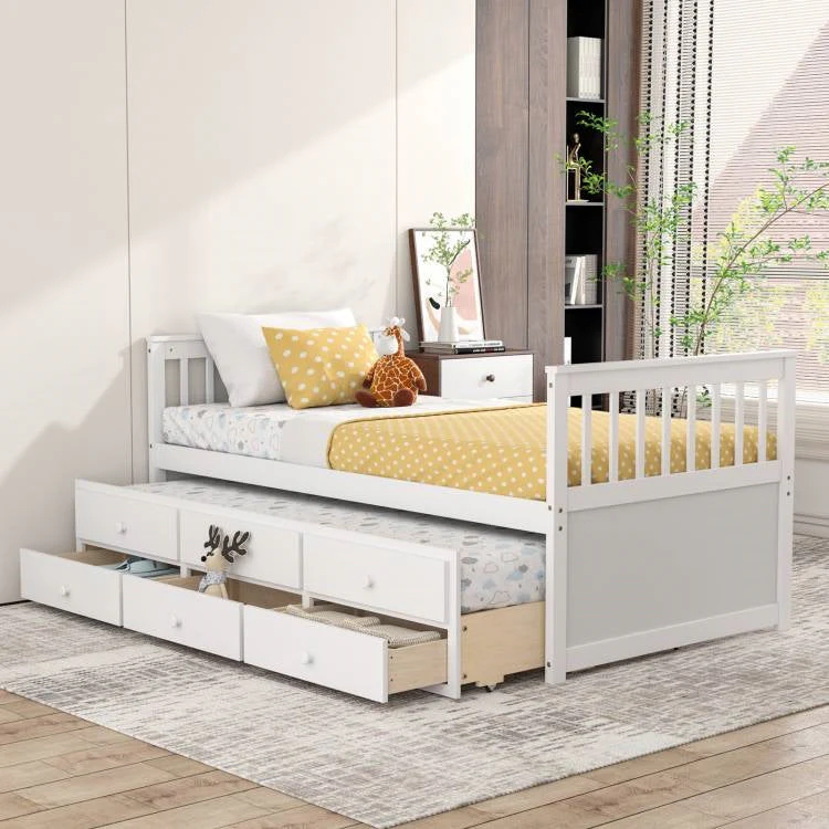 Twin Captains Bed with Pull Out Trundle and Storage Drawers in White Wood Finish - Image 2
