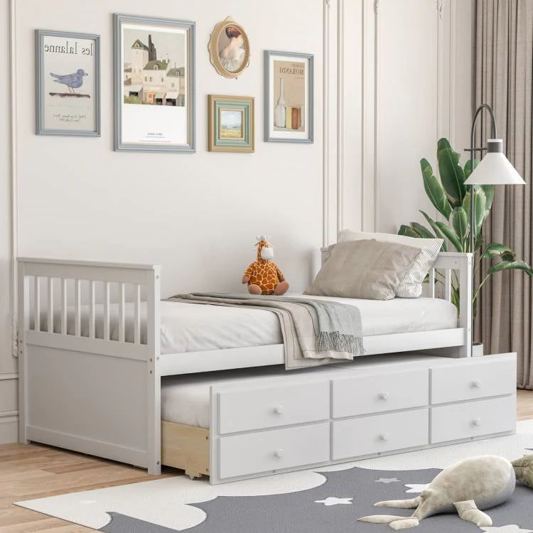Twin Captains Bed with Pull Out Trundle and Storage Drawers in White Wood Finish - Image 3