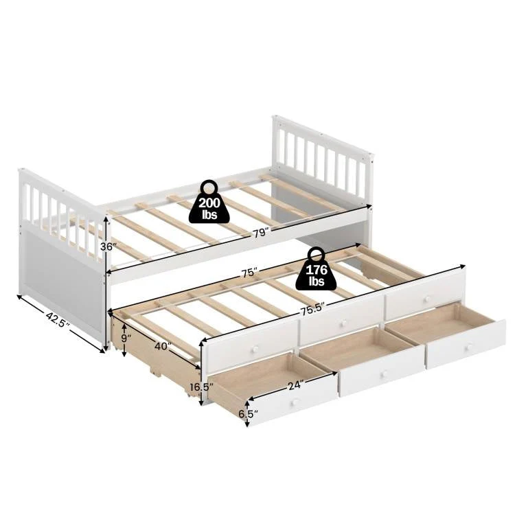 Twin Captains Bed with Pull Out Trundle and Storage Drawers in White Wood Finish - Image 5