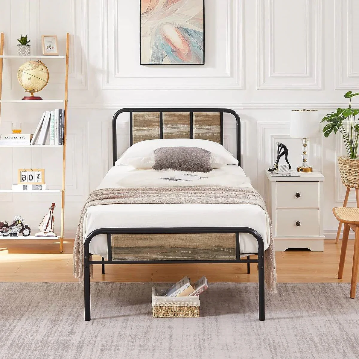 Twin Grey Wood Metal Platform Bed Frame with Rounded Headboard Footboard - Image 2