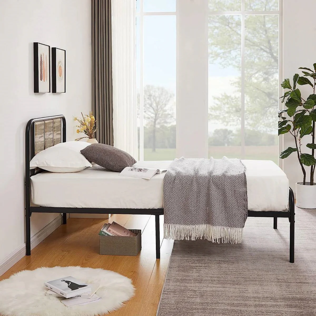Twin Grey Wood Metal Platform Bed Frame with Rounded Headboard Footboard - Image 3