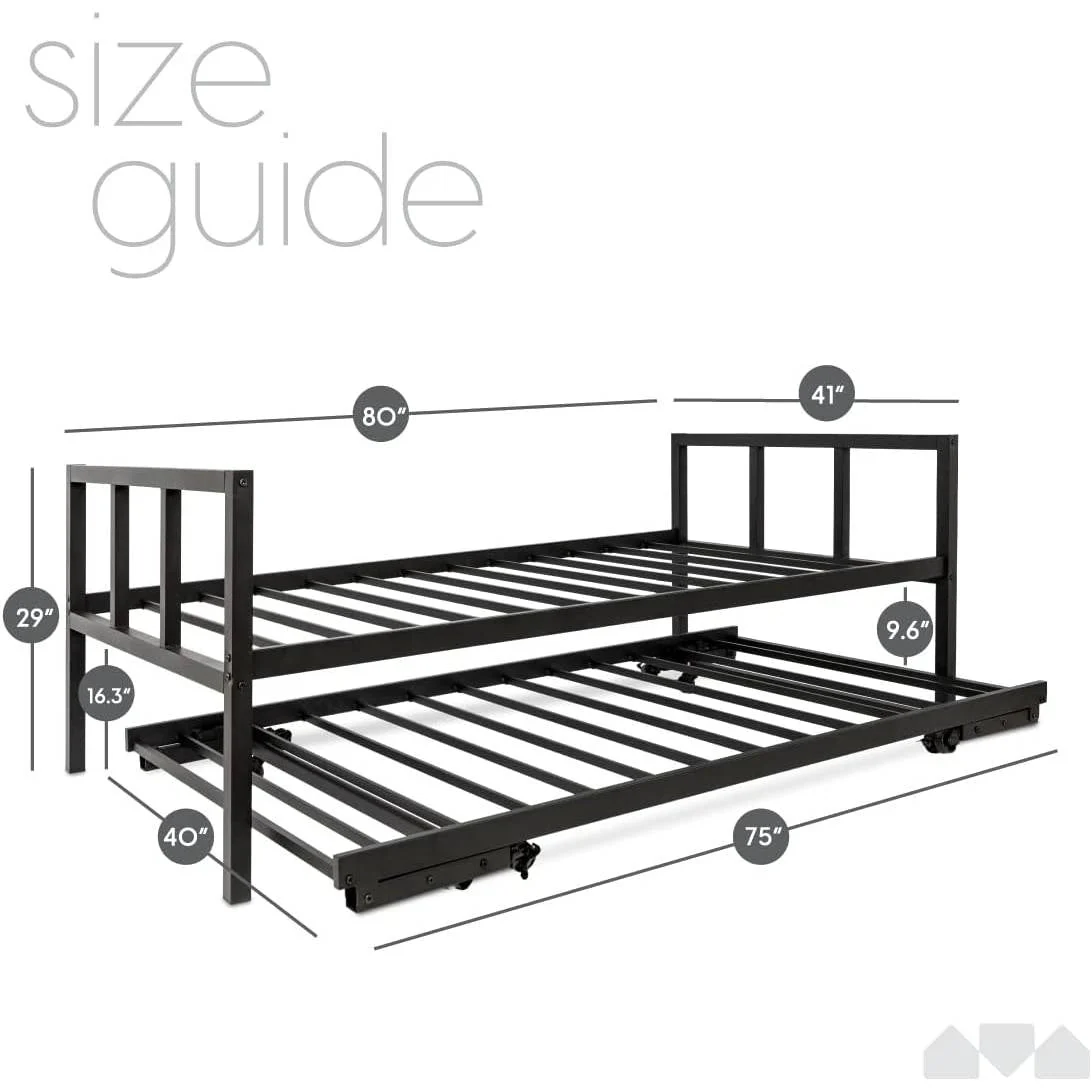 Twin Heavy Duty Black Metal Daybed Frame with Roll-Out Pop-Up Trundle Bed Frame - Image 3
