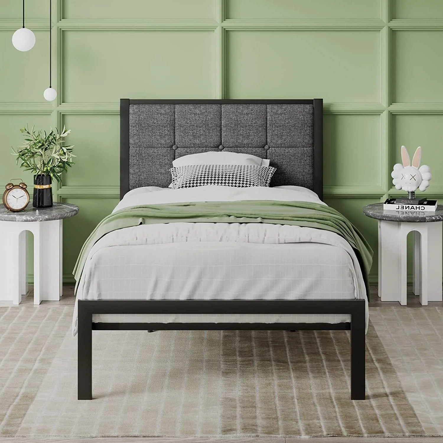 Twin Metal Platform Bed Frame with Gray Button Tufted Upholstered Headboard - Image 3
