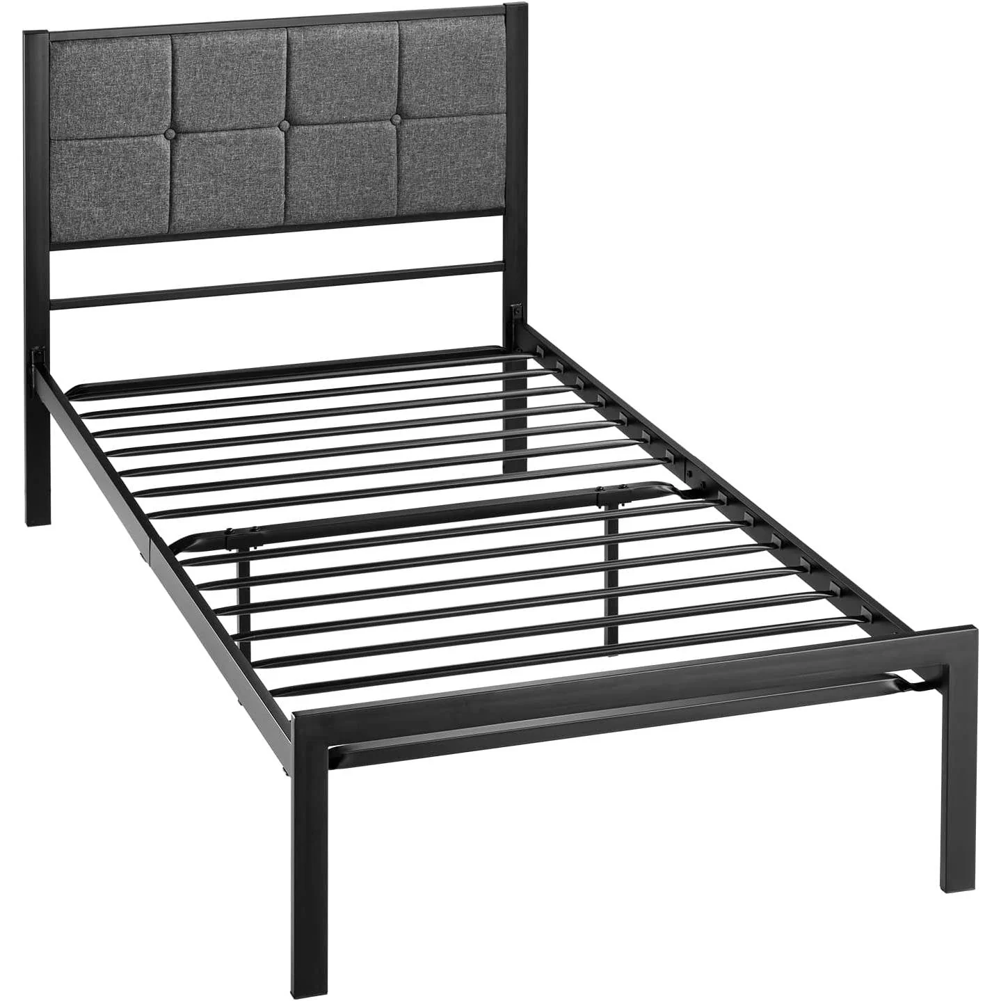 Twin Metal Platform Bed Frame with Gray Button Tufted Upholstered Headboard - Image 4
