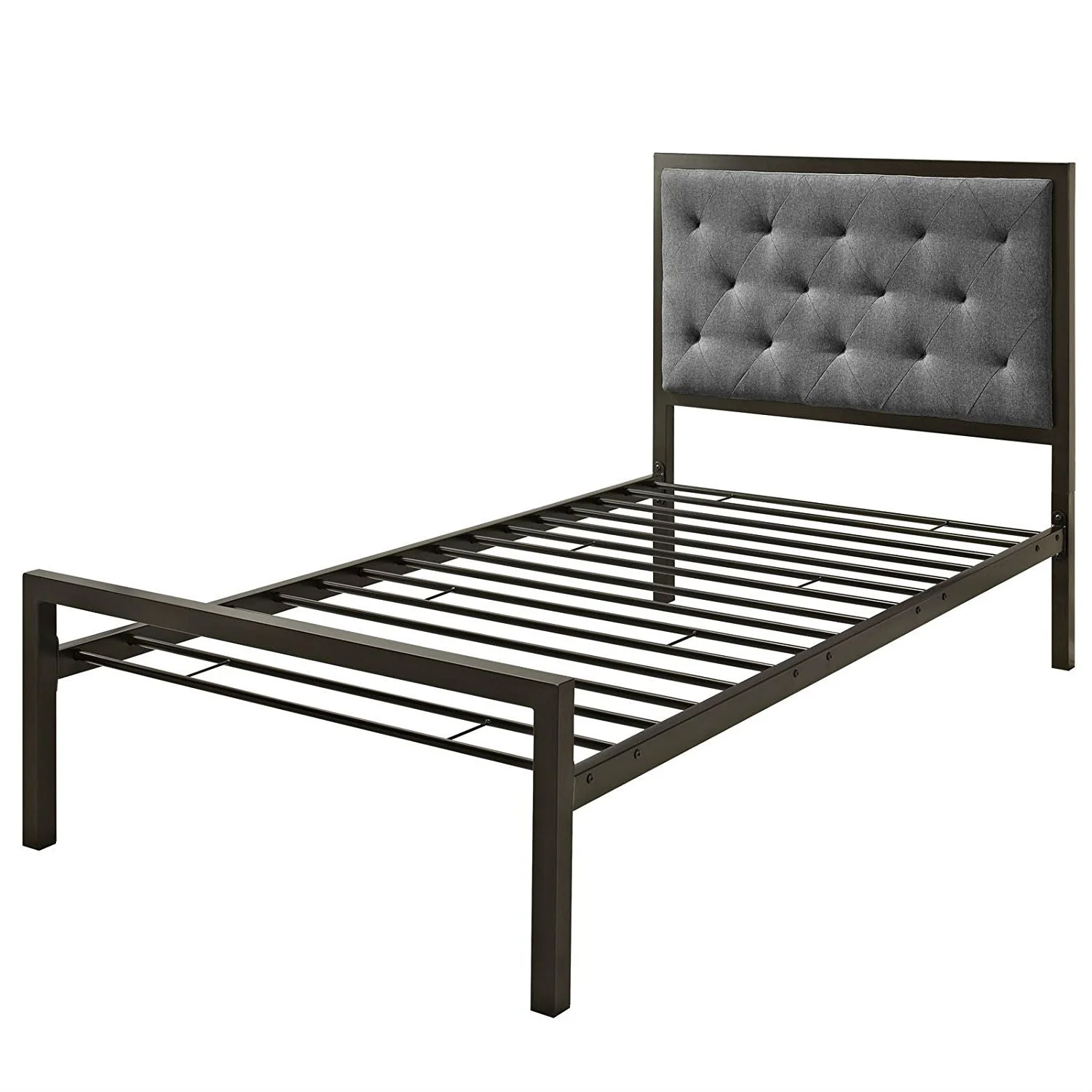 Twin Metal Platform Bed with Gray Fabric Button Tufted Upholstered Headboard - Image 2
