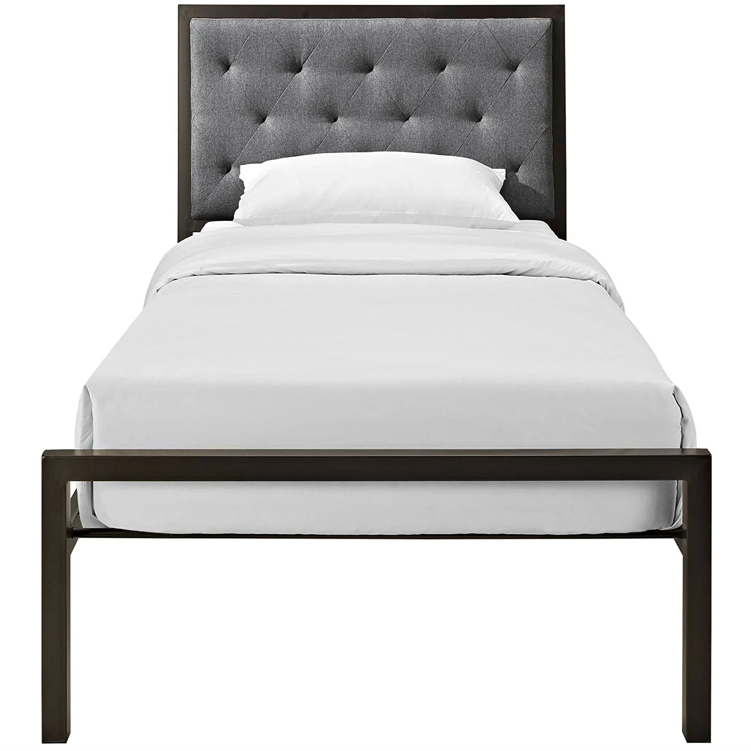 Twin Metal Platform Bed with Gray Fabric Button Tufted Upholstered Headboard - Image 3