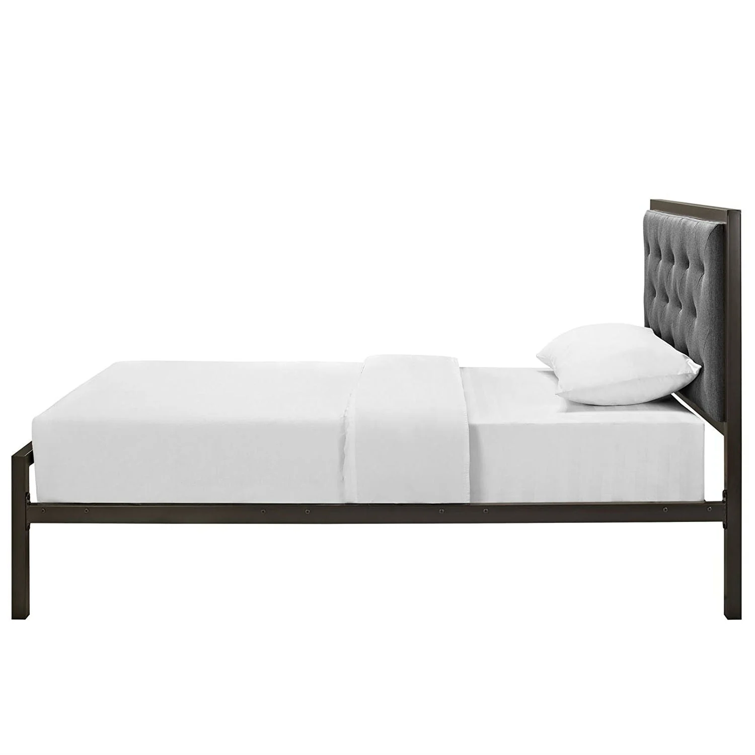 Twin Metal Platform Bed with Gray Fabric Button Tufted Upholstered Headboard - Image 4