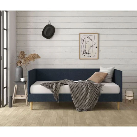 Twin Mid-Century Modern Dark Blue Linen Upholstered Daybed - Image 3