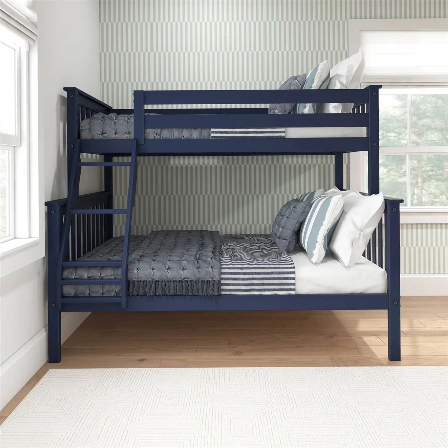 Twin over Full size Solid Wood Bunk Bed in Dark Navy Blue Finish - Image 2