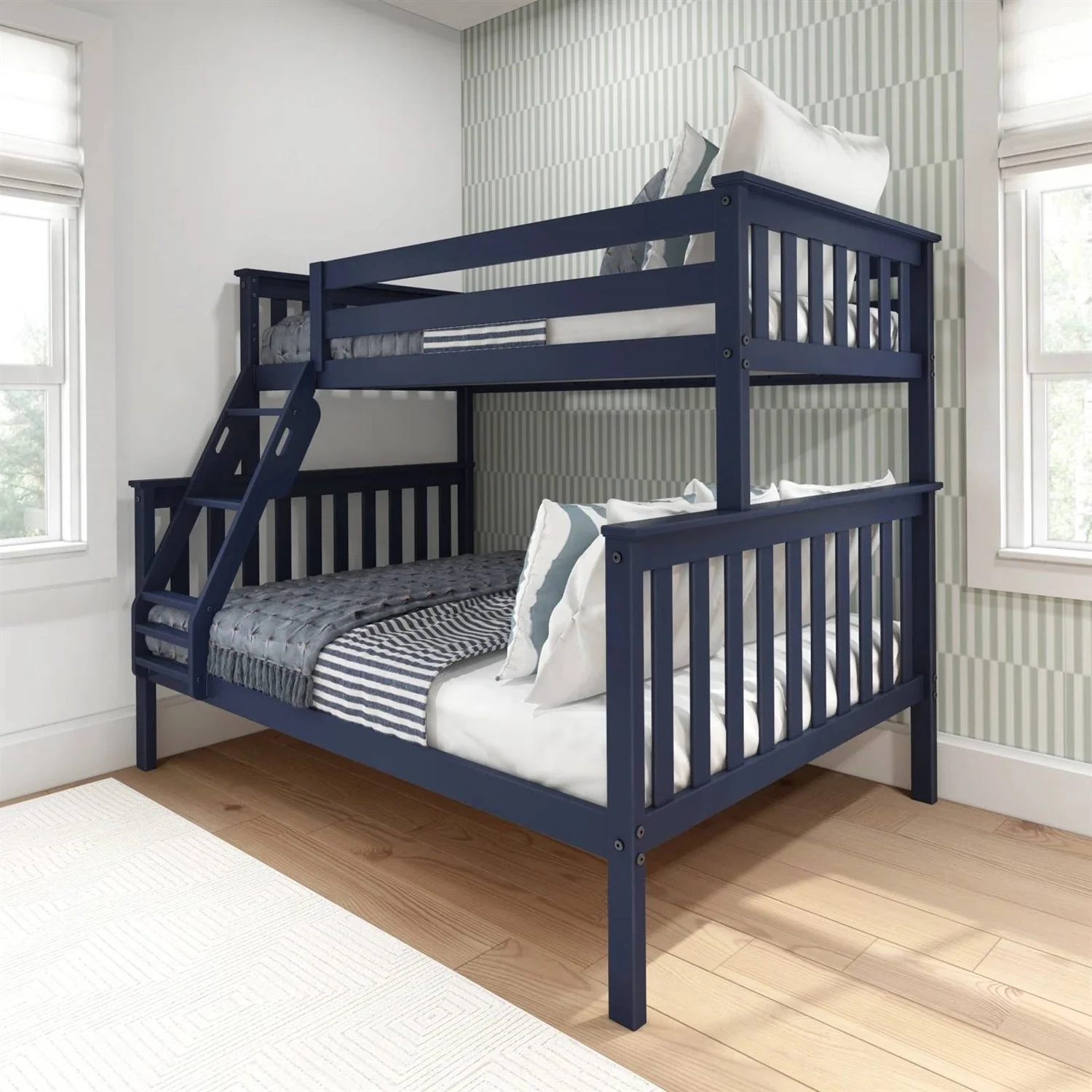 Twin over Full size Solid Wood Bunk Bed in Dark Navy Blue Finish - Image 3